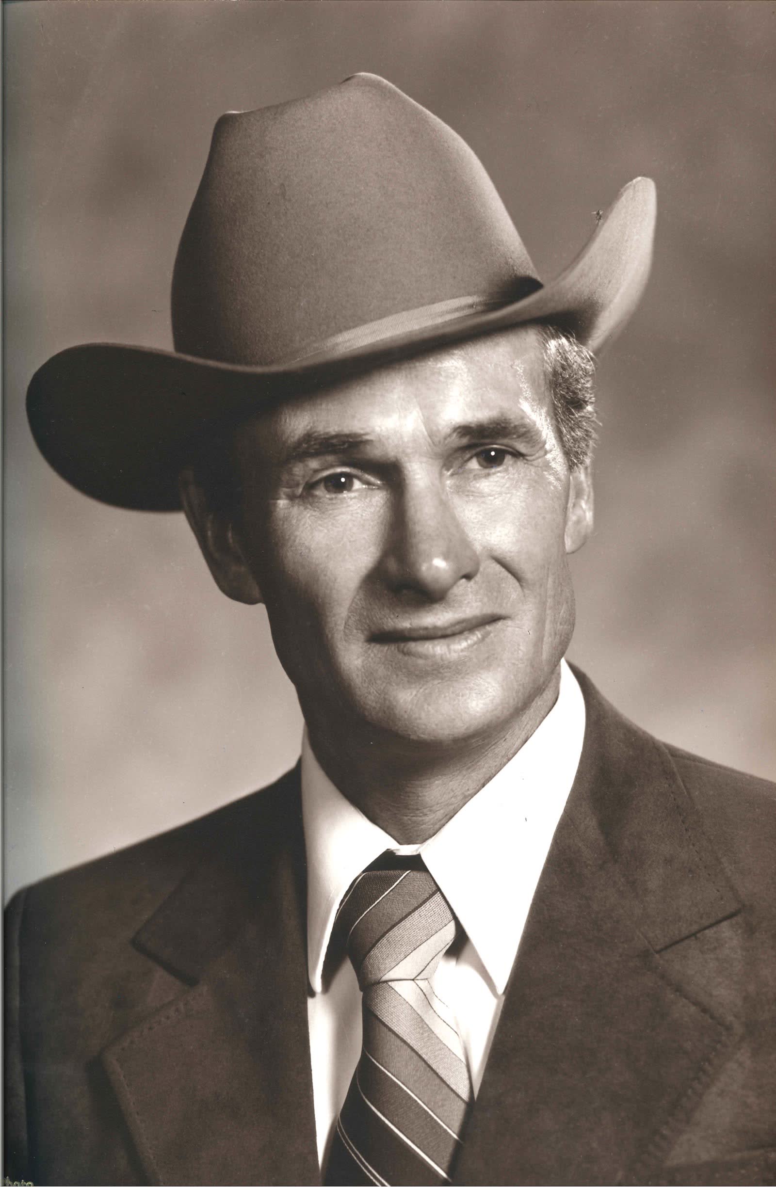 Black-and-white portrait of Martin F. Jorgensen, Jr. wearing a cowboy hat